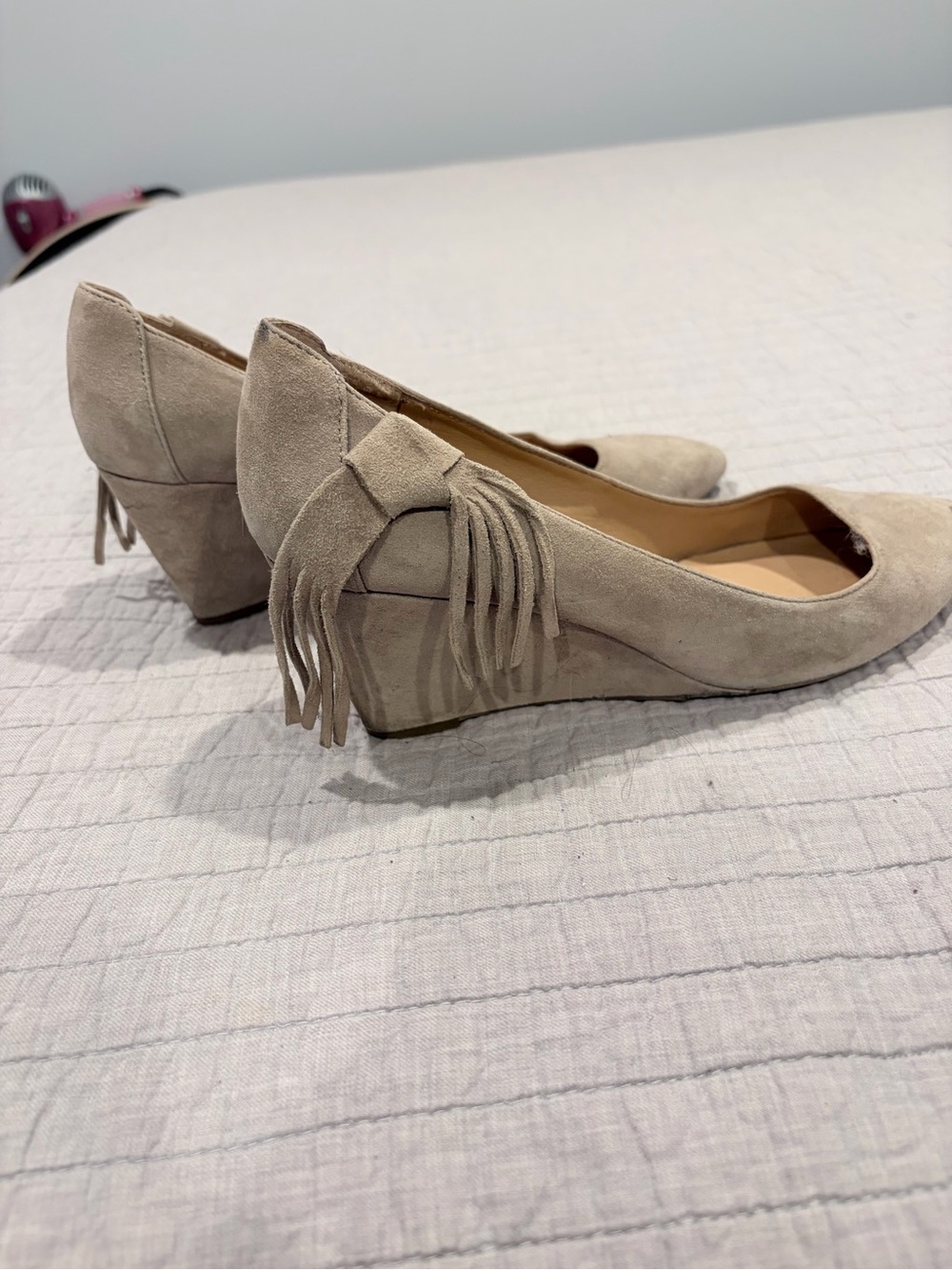Franco Sarto Beige Suede Fringe Wedge Heels Pointed Toe Pumps Size 7.5